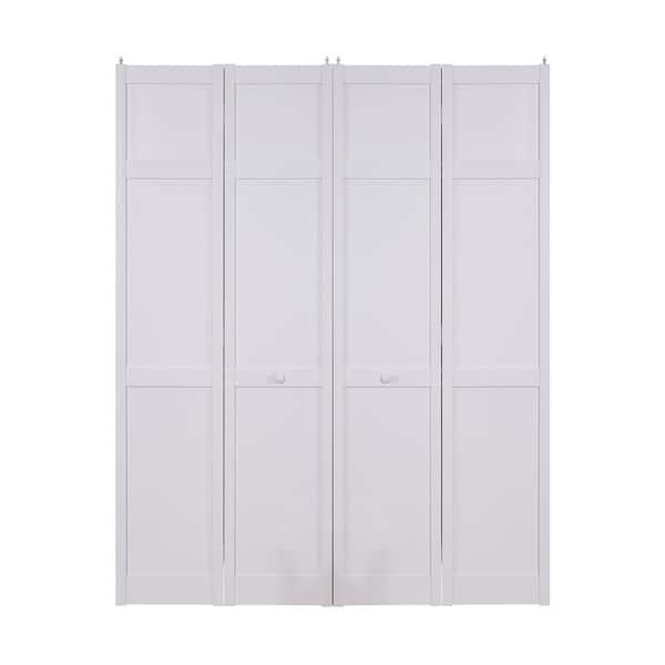 Pinecroft 64 in. x 80 in. Seabrooke Shaker Style White Hollow Core PVC Vinyl Bi-Fold Door with Hardware