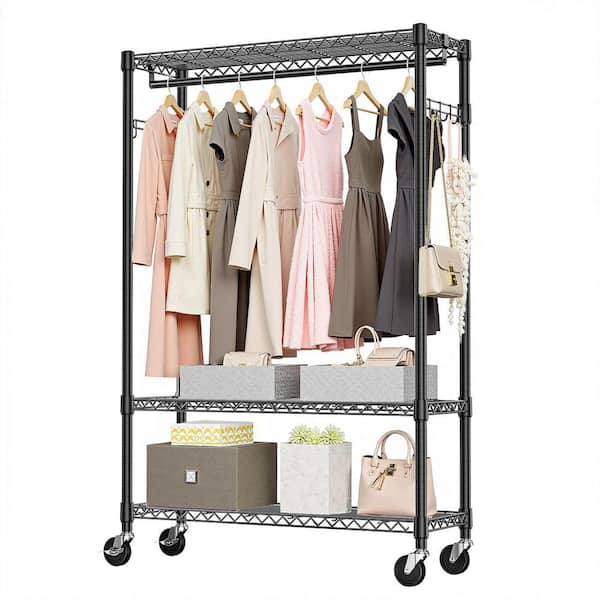 3-Tiers Black Heavy Duty Metal Adjustable Clothes Rack with Wheels, 1 Rod and Side Hooks, 45.3 in. W x 75.6 in. H