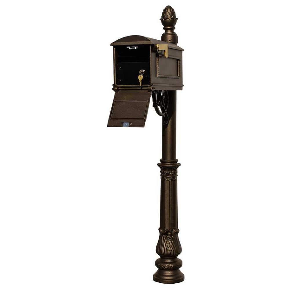 Lewiston Bronze Post Mount Locking Insert Mailbox with decorative Ornate Ba