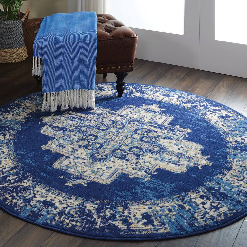Navy Blue Round Medallion Tufted Synthetic Rug 4 ft