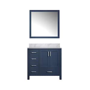 Jacques 36 in. W x 22 in. D Right Offset Navy Blue Bath Vanity, Carrara Marble Top, and 34 in. Mirror