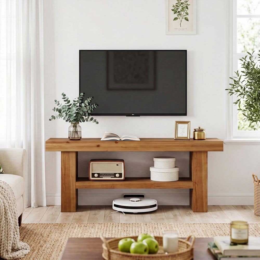 "Tabor 63 in. Brown Solid Wood TV Stand Fits TVs up to 75"" Living Room Bedroom Console Table 2 Shelves Extra Long Simple" price history on PriceWatchPro