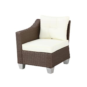 1-Piece Wicker Outdoor Right-Arm Sectional Chair with Beige Cushions