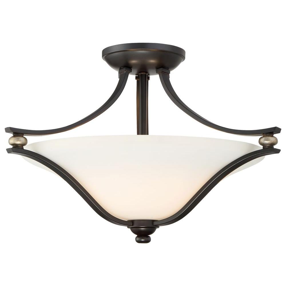 Lathan Bronze and Etched White Glass 2-Light Semi Flush Mount
