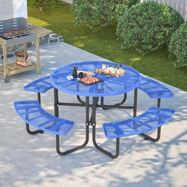 46 in. Blue Round Steel Picnic Table Seats 4-8 People with Umbrella Hole