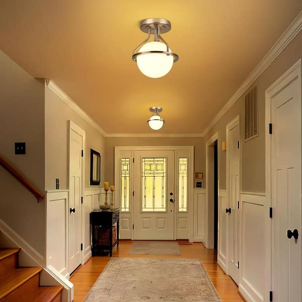 Mid-century 10 in. 1-Light Blushed Nickel Semi-Flush Mount Ceiling Light Fixture with Milky Glass Globe Shade