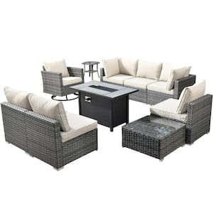 Sanibel Gray 10-Piece Wicker Patio Conversation Sofa Set with a Swivel Chair, a Metal Fire Pit and Beige Cushions