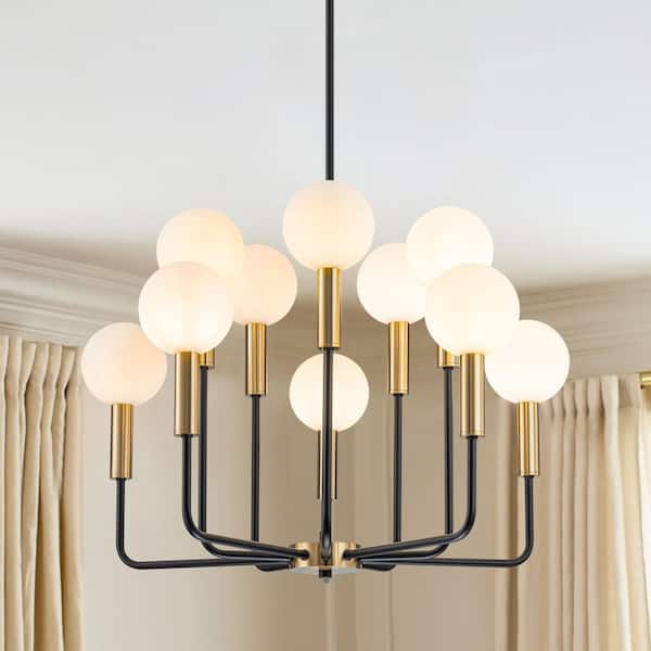 Rennnsan Cascio 10-Light Luxurious Transitional Modern Matte Black with Gold L-Shape Chandelier with Opal Glass Globe
