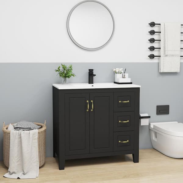 36 in. Bathroom Vanity w/ Sink Combo, Single Sink, 3-Drawers and 2-Soft Close Doors, Freestanding, Ceramic Sink, Black
