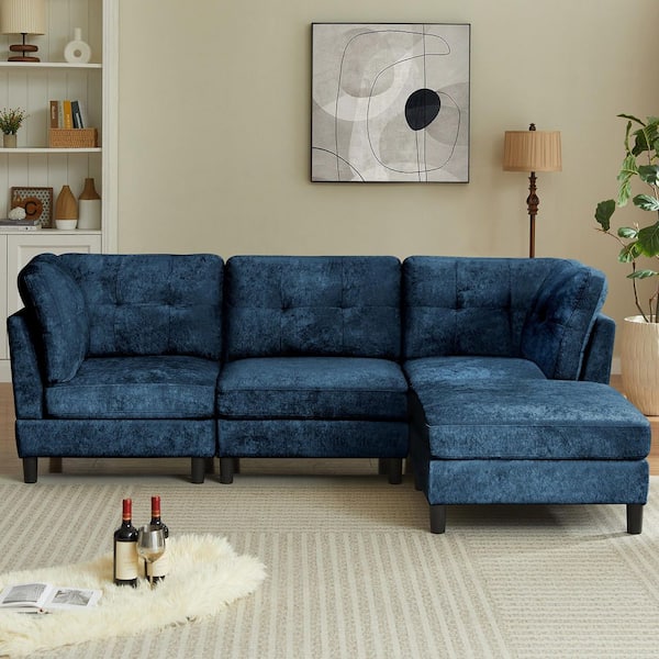 STICKON 99.41 in. Straight Arm Chenille L Shape Sectional Sofa with Ottoman in Blue