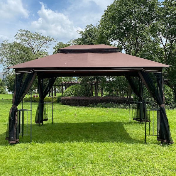 Coporesell 10 ft. x 13 ft. Outdoor Brown Metal Gazebo with Polyester Double Roof and Netting