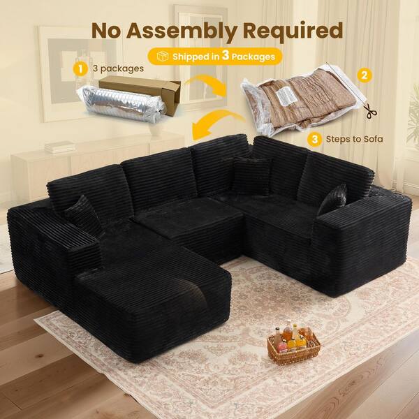 Allwex VK 115 in. Wide Arm 3-Piece Modern Plush Corduroy U-Shape
