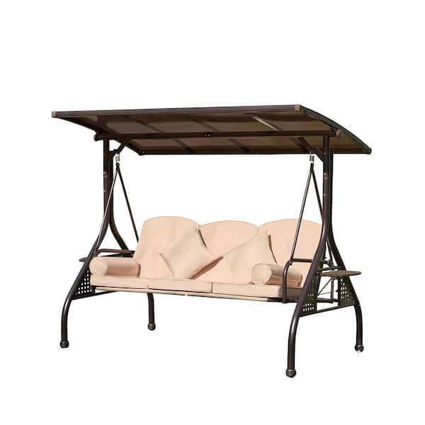 Unbranded 3-Person Brown Metal Patio Swing with Khaki Cushions, Canopy and 3 Gear Adjustable Backrest