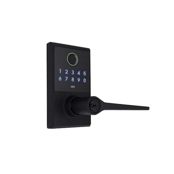Square Compact Matte Black Freedom Fingerprint Electronic Keypad Entry Door Lever Wi-Fi Enabled Powered by Hubspace