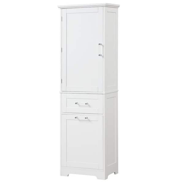 BAYA 20 in. W x 14 in. D x 68 in. H White Wooden Storage Linen Cabinet with Two Different Size Drawers for Bathroom