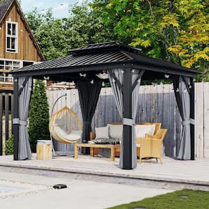 10 ft. x 12 ft. Outdoor Dual-Layer Galvanized Steel Gazebo with Netting and Curtains for Garden, Patio, Lawns