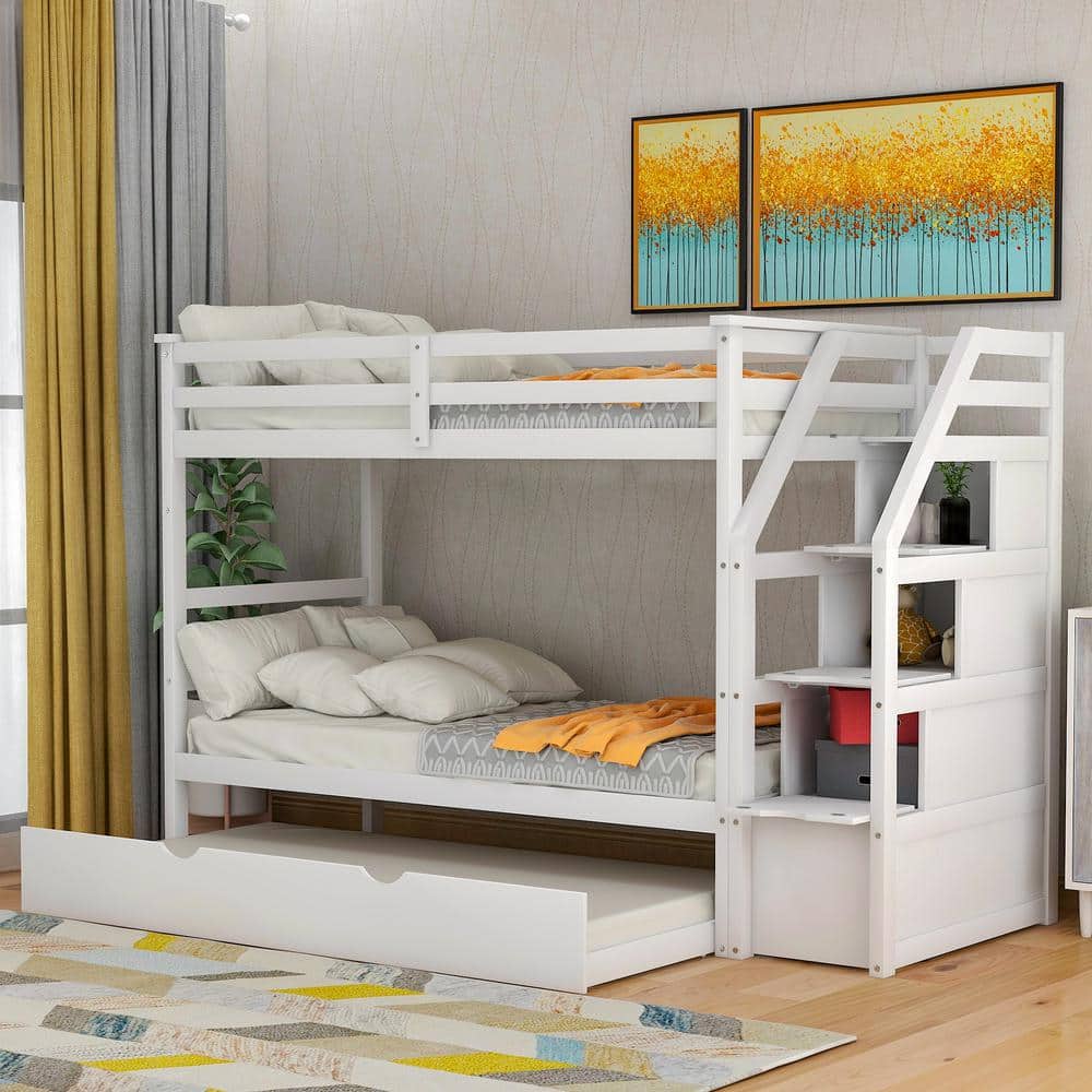 Harper And Bright Designs White Twin Over Twin Wood Bunk Bed With Twin Size Trundle And Storage 7753