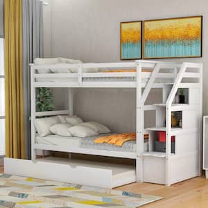White Twin Over Twin Wood Bunk Bed with Twin Size Trundle and Storage Stairs