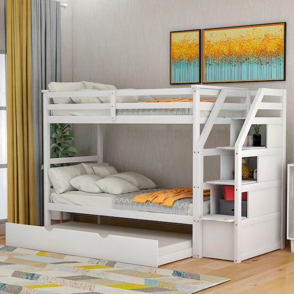 White Twin Over Wood Bunk Bed, Twin Bunk Bed With Storage Stairs