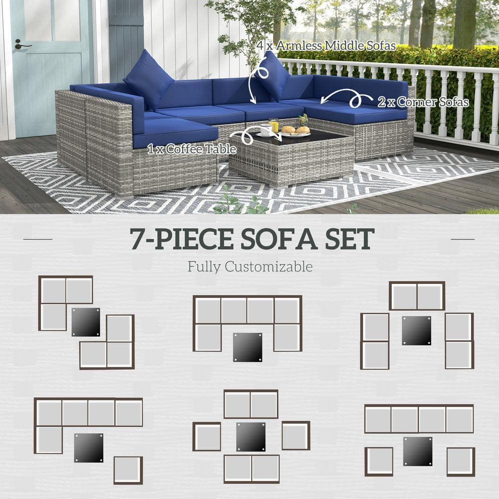 Mixed Gray and Blue PE Rattan Wicker 7-Piece Sectional Sofa Set