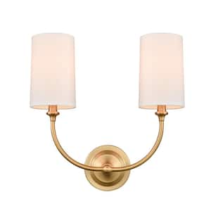 Giselle 2-Light Satin Gold Wall Sconce with Off-White Cotton Fabric Shade