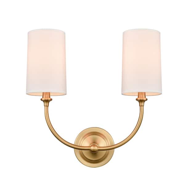 Giselle 2-Light Satin Gold Wall Sconce with Off-White Cotton Fabric Shade