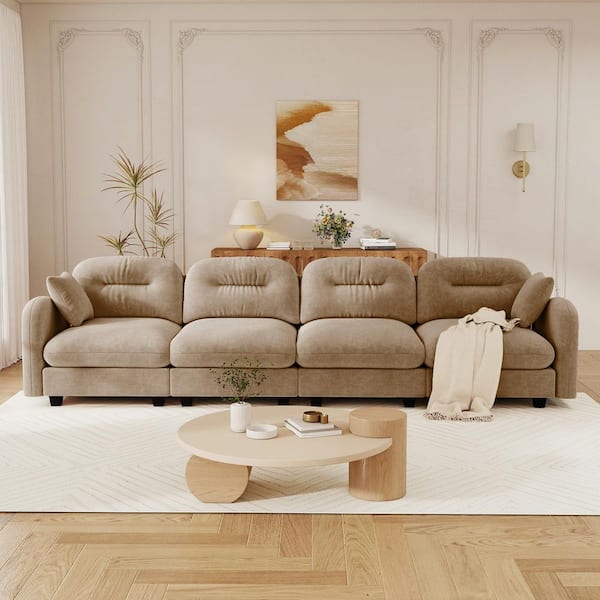 Noble House Kay 140 in. Chenille Upholstered Cloud Rectangle Sectional Sofa in Brown with 2-Pillows, Camel 149259