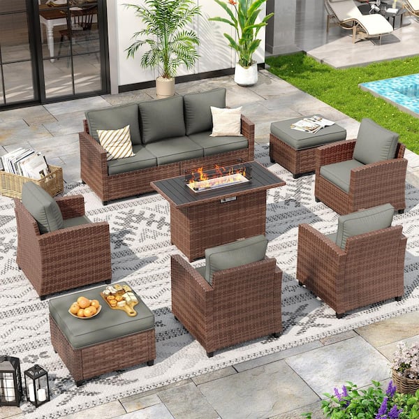 Brown Wicker 7-Person 8-Pieces Patio Conversation Set with Gray Cushions and Brown Fire Pit Table