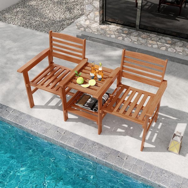 ANGELES HOME 3-Piece Wood Outdoor Patio Conversation Seating Set with Coffee Table and Umbrella Hole