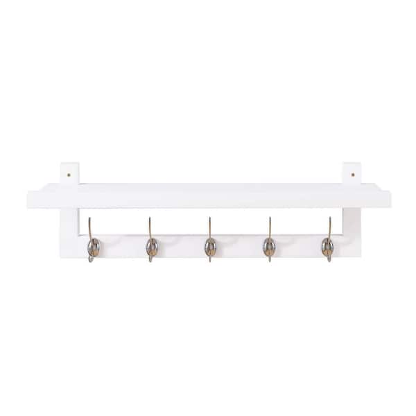 Double Metal Hooks Wall Shelf 29.2in White Entryway Coat Rack Bamboo Organizer for Bathroom Bedroom Kitchen J-Hook