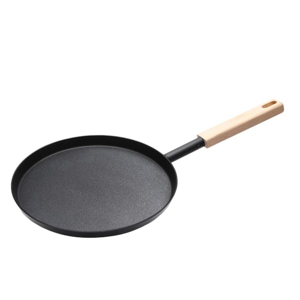 8 in. Grill Pan with Flat, Lightweight and Wooden Handle for Camping, Indoor and Outdoor Cooking, Black (1-Pack)