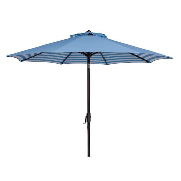 SAFAVIEH Athens 9 ft. Aluminum Market Auto Tilt Patio Umbrella in Blue/White