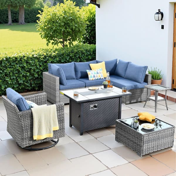 HOOOWOOO Messi Gray 8-Piece Wicker Outdoor Patio Conversation Sofa Fire Pit Set with a Swivel Chair and Denim Blue Cushions
