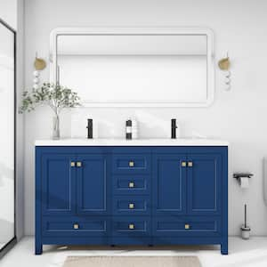 60 in. W. x 18 in. D x 34 in. H Sink Bath Vanity in Blue with White Resin Double Sink Top and Drain Faucet Set