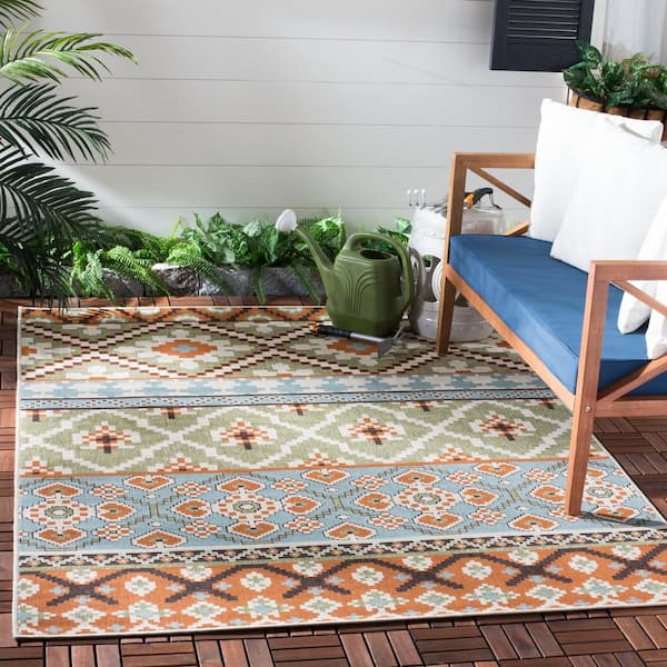 Veranda Green/Terracotta Doormat 3 ft. x 3 ft. Tribal Aztec Indoor/Outdoor Patio Square Area Rug