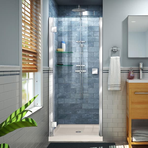 DreamLine Lumen 42 in. x 72 in. Semi-Frameless Hinged Shower Door in Chrome with 42 in. x 36 in. Base in Biscuit