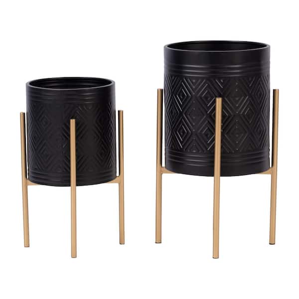 GOGEXX (Set of 2) Modern Metal Flower Pot, 11 and 14 in. Black Planter Set Iron Stand and Drainage Holes, 23.01 in.H (Style 2)