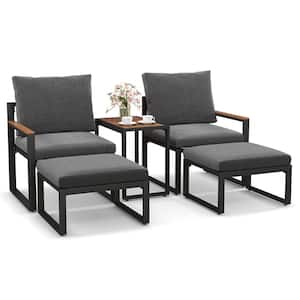 5-Piece Gray Metal Patio Conversation Set with Gray Cushions and 2-Ottomans