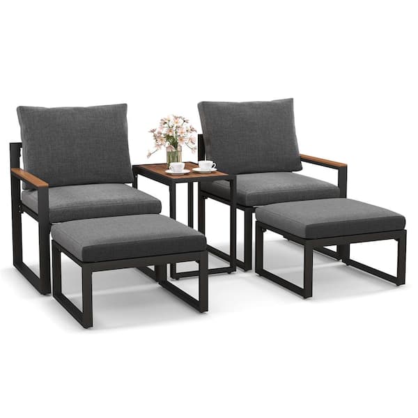 Costway 5-Piece Gray Metal Patio Conversation Set with Gray Cushions and 2-Ottomans