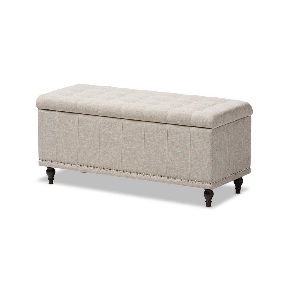 Kaylee Beige Button-Tufted Storage Ottoman Bench with Silver Nailheads