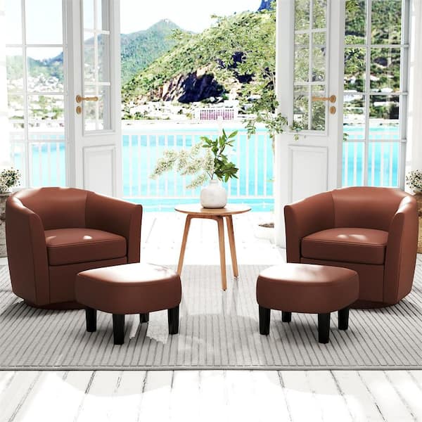 Brown Linen Fabric Swivel Barrel Chair Set of 1 with Ottoman Footrest Curved Backrest & Armrests Living Room