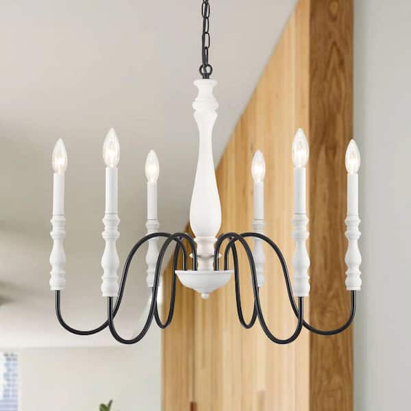 6 Light Black Distressed White Dimmable Candle Style Farmhouse Chandelier for Kitchen Island with No Bulbs Included