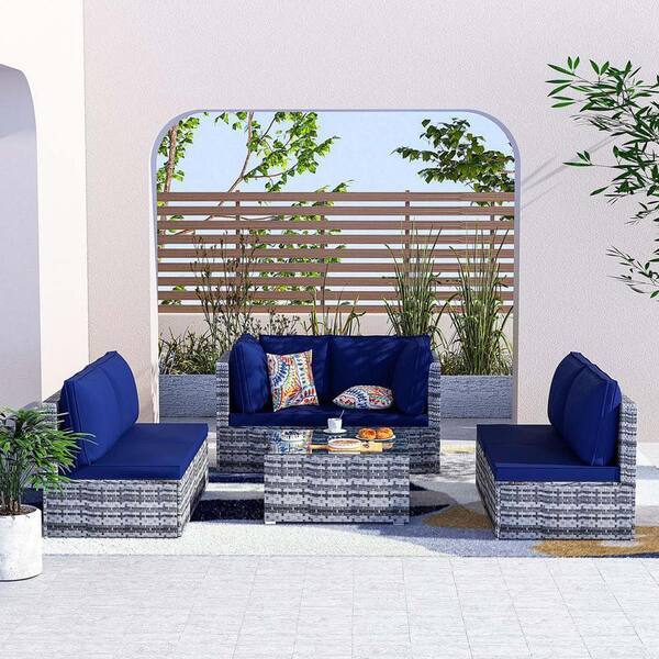Unbranded 7 Pieces Black Wicker Outdoor Patio Conversation Set with Navy Blue Cushions, Coffee Table, for Garden, Poolside