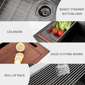 Matte Black Stainless Steel 33 in. Single Bowl Farmhouse Apron Workstation Kitchen Sink with Accessory Kit