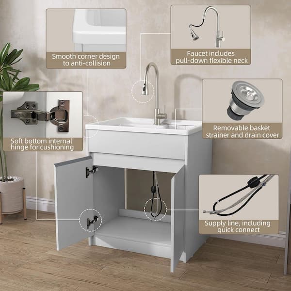 Getpro 30 in. Freestanding Solid Surface Laundry Utility Sink with Faucet and Cabinet
