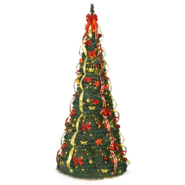 7.5 ft. Pre-Lit LED Pop Up Artificial Christmas Tree with 450 Lights, 2 Red and Golden Ribbons and Green Plastic Stand