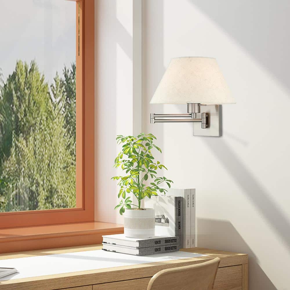 Brushed Nickel Swing Arm Wall Light with Oatmeal Fabric Shade