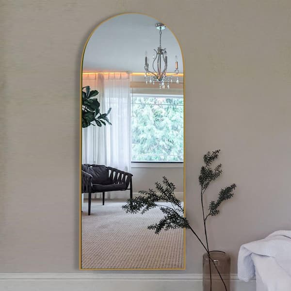 Gold 21 in. W x 64.1 in. H Arched Full Length Mirror, Solid Wood Large Floor Mirror with Stand, Wall Mounted, Standing
