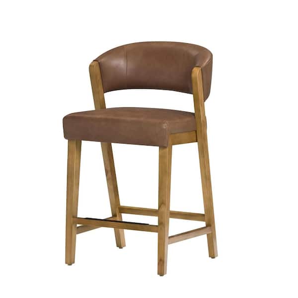 Dunbar 26 in. Camel Color High Back Counter Stool with Faux Leather Seat and Wood Frame