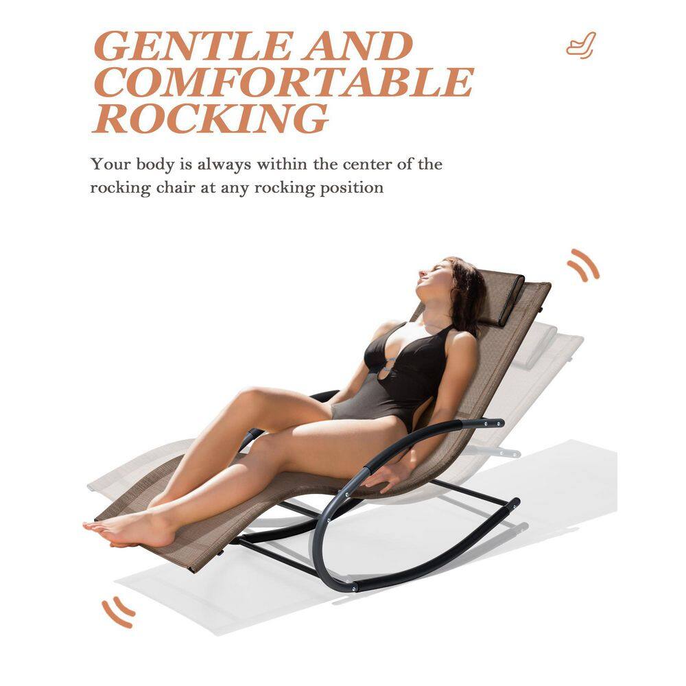 Brown Metal Frame Patio Rocking Chaise Lounge Chair with Texteline Sling Seat
